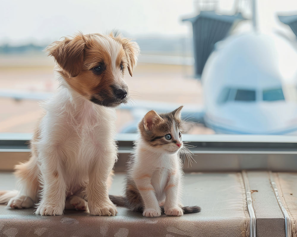 котенок и щенок на фоне самолета